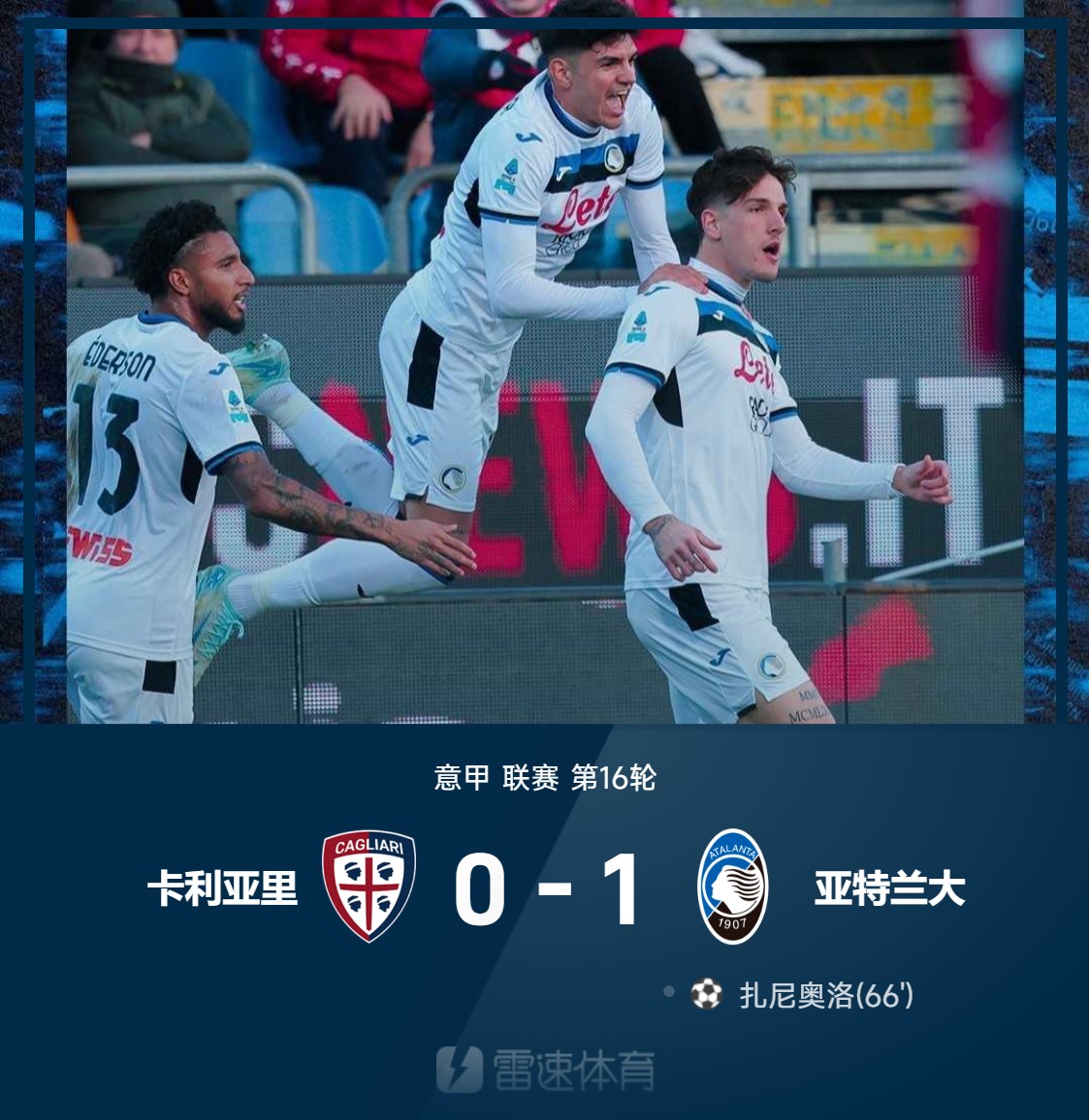 ⚽意甲战报：卡内塞基屡救险、扎尼奥洛替补制胜，亚特兰大1-0卡利亚里